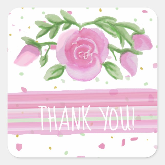 Thank You Pink Watercolor Roses Floral Square Sticker (Front)