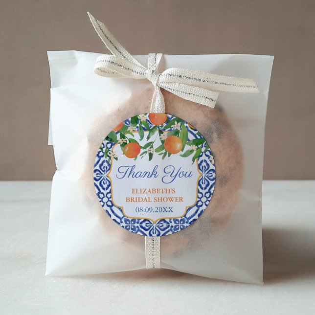 Thank You Positano Oranges Wedding Shower Favour Classic Round Sticker (This Bridal shower favor sticker features oranges against a blue and white vintage tile background. )