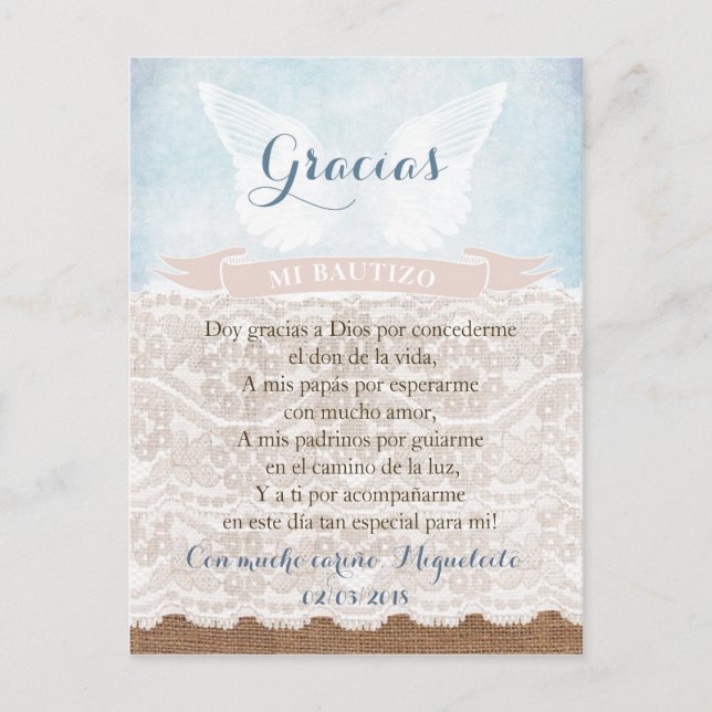 Thank you prayer card in Spanish, boy baptism (Front)
