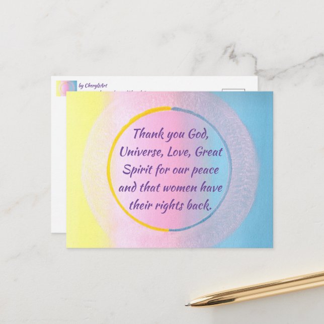 Thank you prayer for peace and women's rights postcard (Front/Back In Situ)