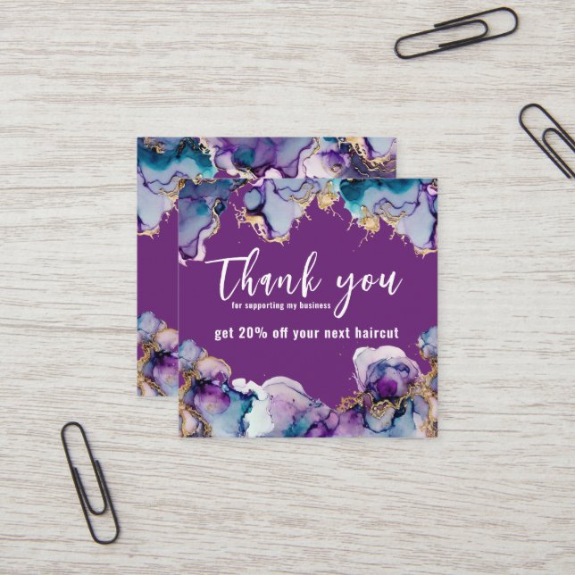 Thank You Purple Abstract Elegant Business  Square Business Card (Front/Back In Situ)