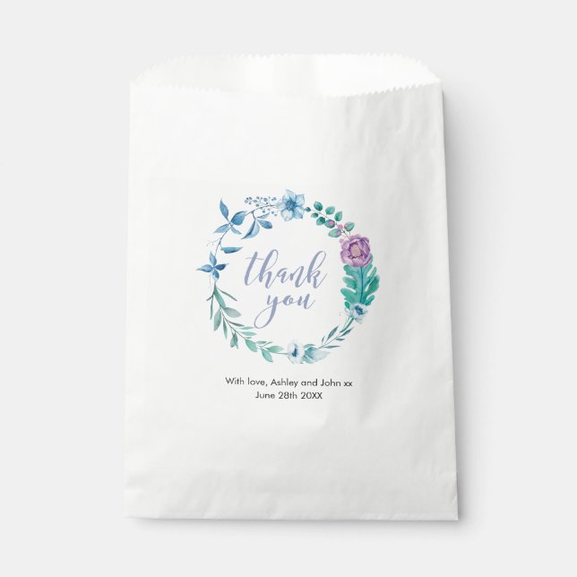 Thank you purple blue floral Wedding Favour Bags (Front)