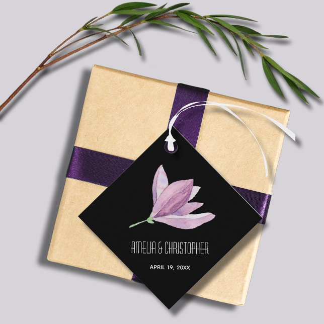 Thank You Purple Flower Favour Tags (Purple Magnolia Floral Watercolor Diamond Shape Wedding Favor Tags)