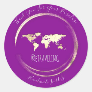 Thank You Purple Gold World Map Travelling Globe   Classic Round Sticker
