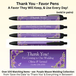 Thank You, Purple Mauve Flowers & White Wedding  Black Ink Pen