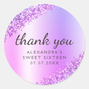 Thank You Purple Ombre Glitter Girly Sweet 16 Classic Round Sticker