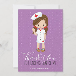 Thank You Purple Script Brunette Cartoon Nurse Card