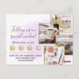 Thank You Purple Watercolor & Gold 4-Photo Postcard