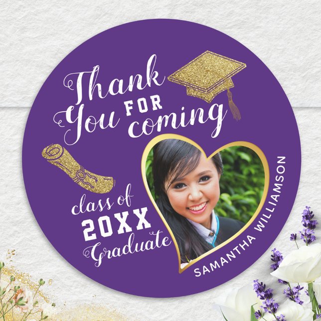 Thank You Purple White Gold Class 2025 Graduation Classic Round Sticker (Creator Uploaded)
