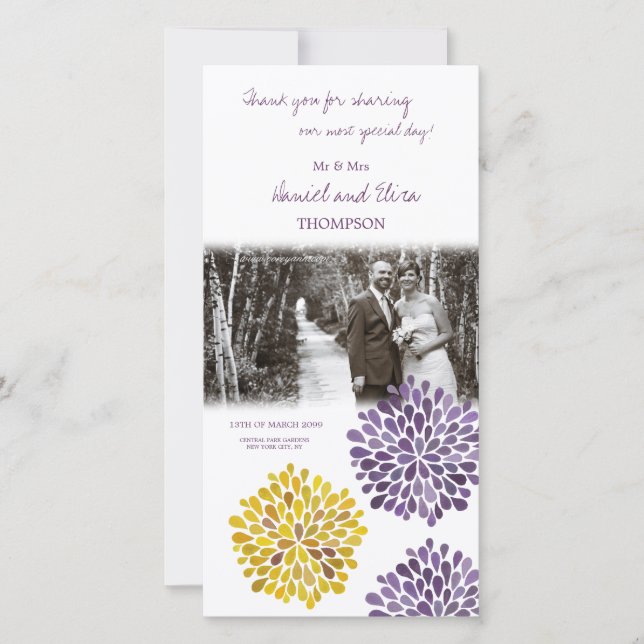 Thank You Purple Yellow Floral Wedding Photo Card (Front)