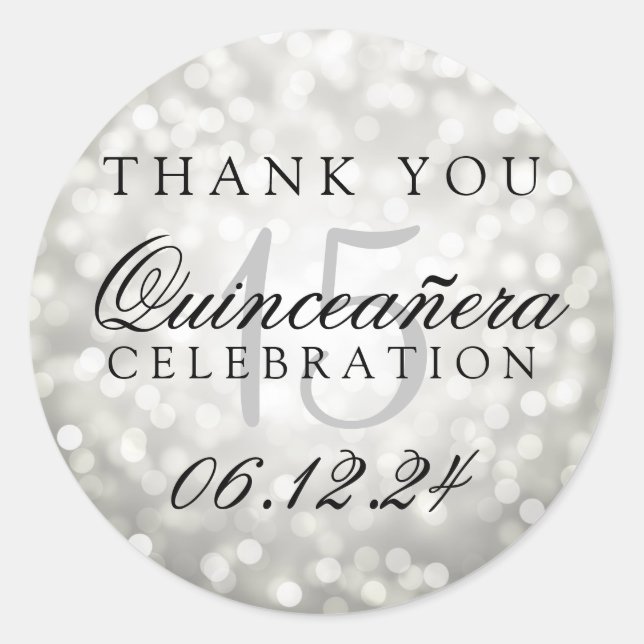Thank You Quinceanera Birthday Silver Bokeh Lights Classic Round Sticker (Front)