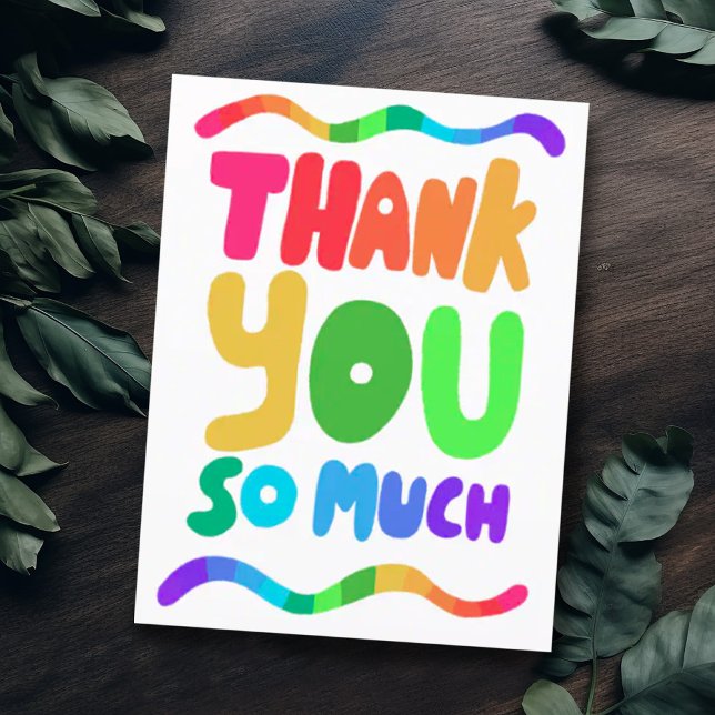 THANK YOU Rainbow Colourful Curvy Bubble Letters  Postcard (Colorful rainbow thank you card with handlettering bubble letters)