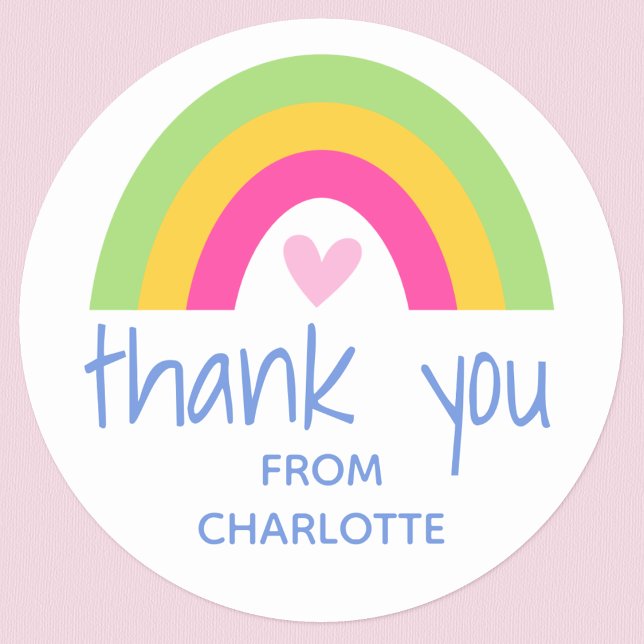Thank you Rainbow Heart Kids Birthday Party Green Classic Round Sticker (Creator Uploaded)