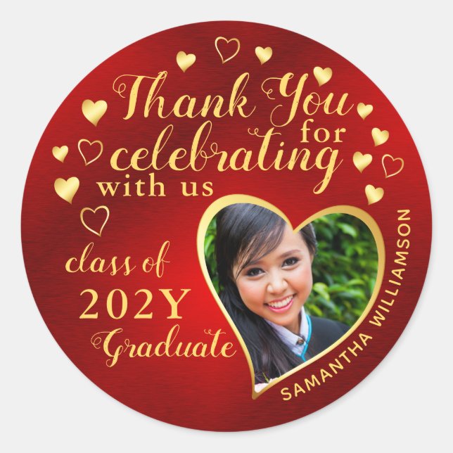 Thank You Red & Gold 2025 Party Graduation Favour Classic Round Sticker (Front)