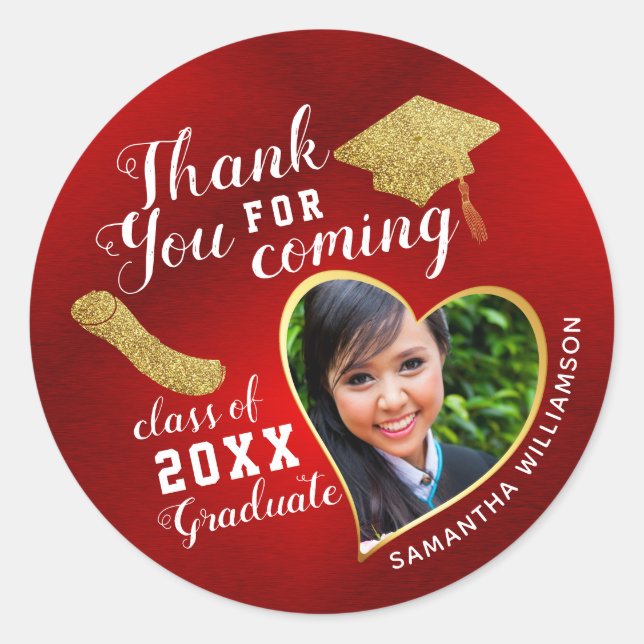 Thank You Red Gold White Class of 2026 Graduation Classic Round Sticker (Front)