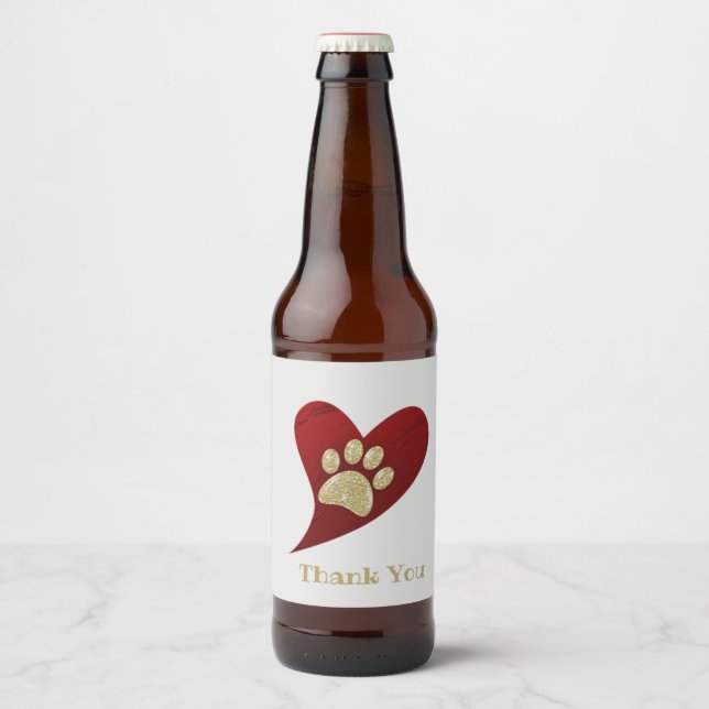 Thank You Red Heart Gold Paw Print Appreciation Beer Bottle Label (Front)