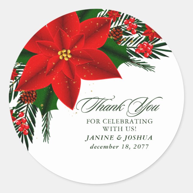 Thank You Red Poinsettia Pine Greenery Tree Leave Classic Round Sticker (Front)