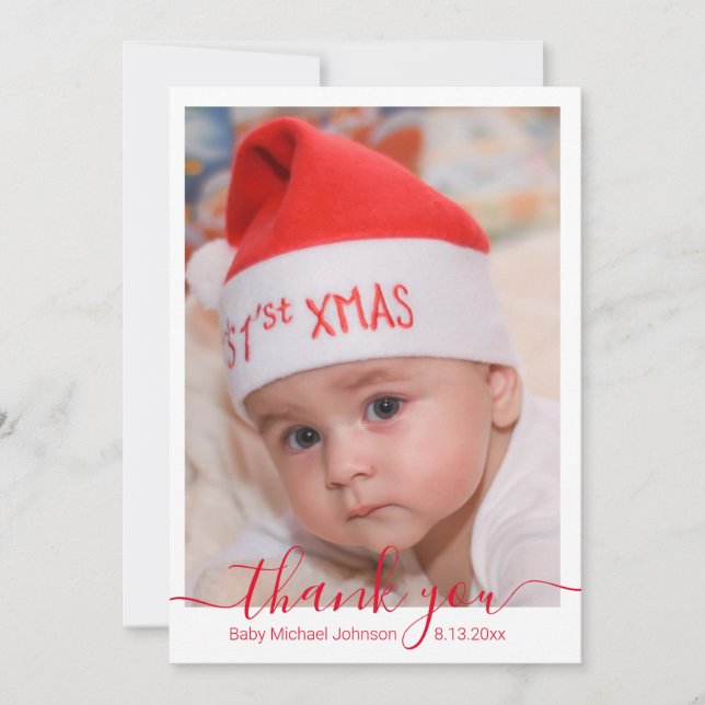 thank you,red script baby boy photo  card (Front)
