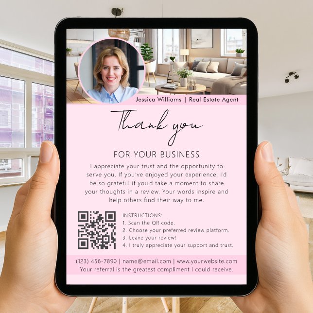 Thank You Review Request with QR Code Photo Pink Card (Creator Uploaded)