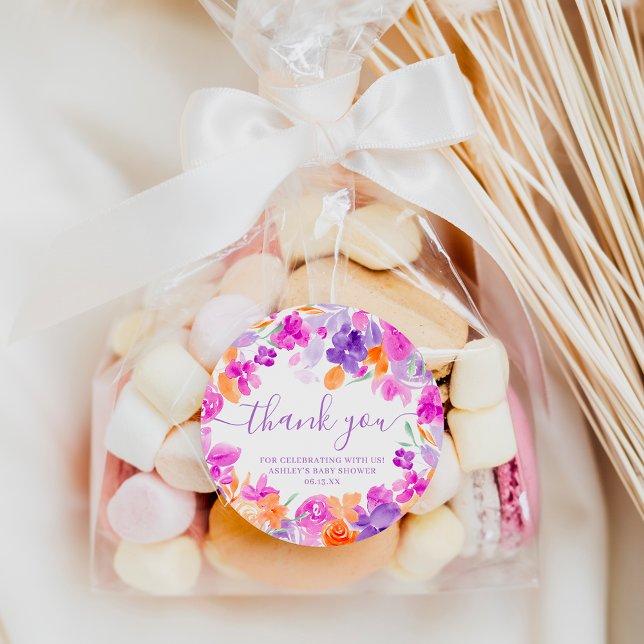 Thank you Romantic pastel purple orange floral Classic Round Sticker (Creator Uploaded)
