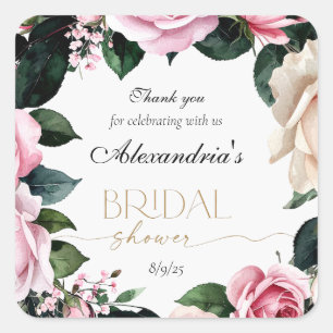 Thank You Romantic Pastel Roses Bridal Shower Square Sticker