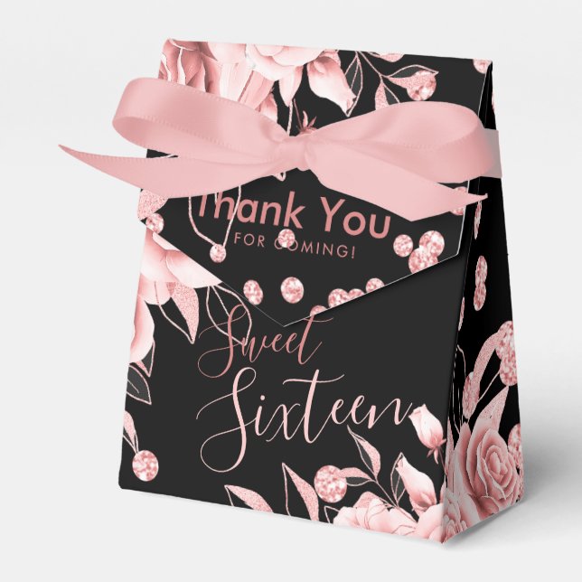 Thank You Rose Gold Black Sweet 16 Glitter Floral Favour Box (Front Side)