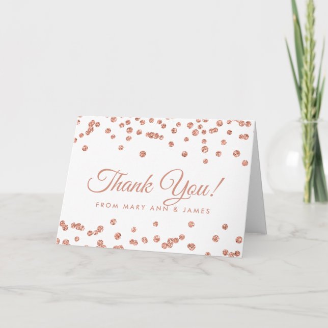 "Thank you" Rose Gold Faux Glitter Confetti White Thank You Card (Front)