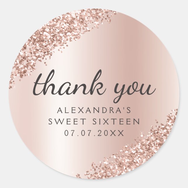 Thank You Rose Gold Glitter Girly Sweet 16 Classic Round Sticker (Front)