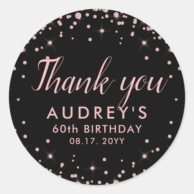 Thank You Rose Gold Glitter Monogram 60th Birthday Classic Round Sticker (Front)