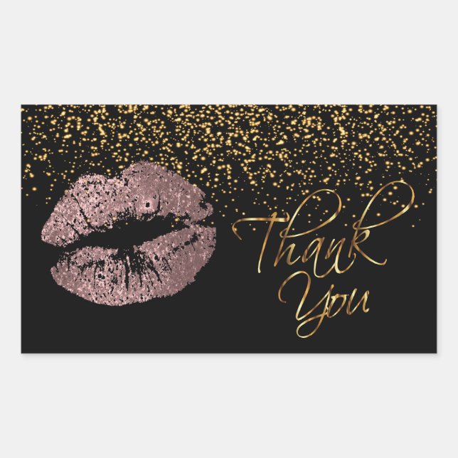 Thank You -Rose Gold Lips with Gold Confetti Rectangular Sticker (Front)