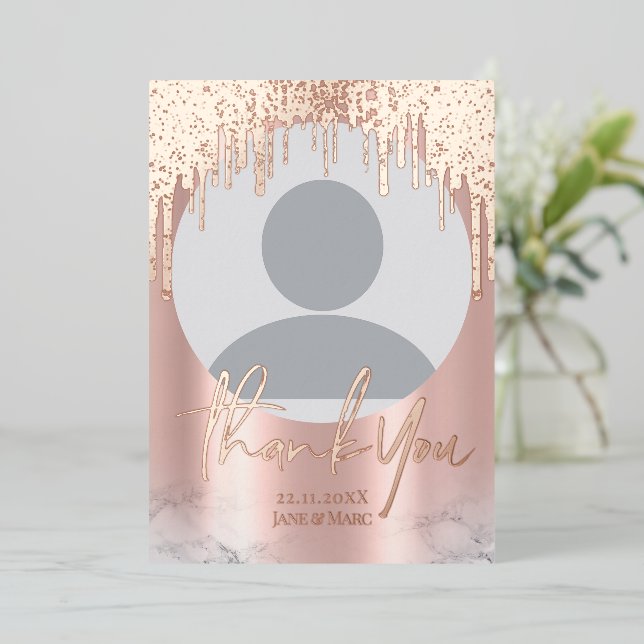 Thank You Rosegold Glitter Drips Photo Foil Cards (Standing Front)