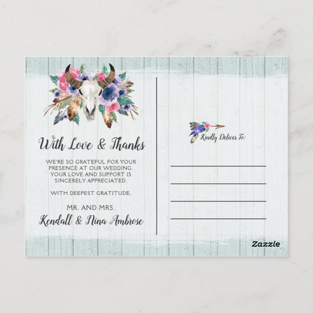 Thank You Rustic Floral Cow Skull Boho Chic Photo Postcard (Back)