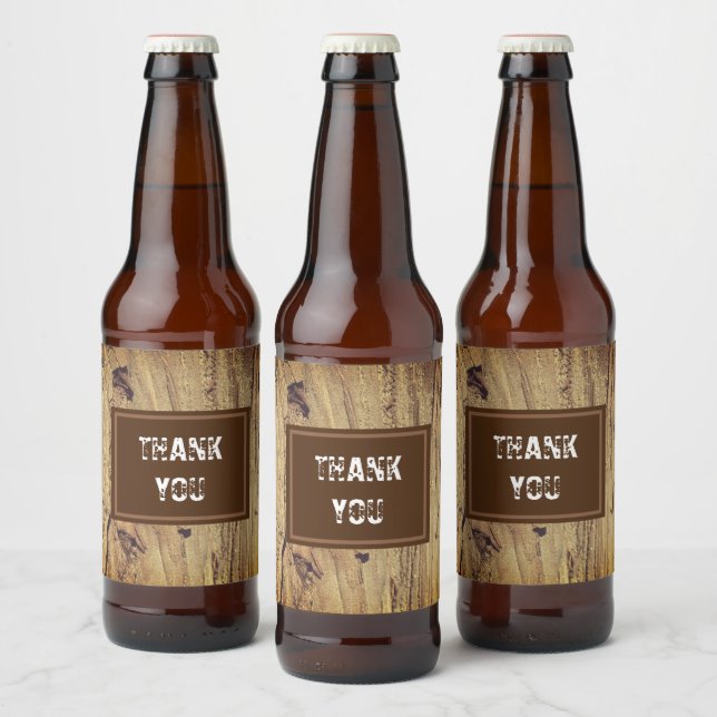 Thank You Rustic Wedding Guest Brown Woodgrain Beer Bottle Label (Bottles)