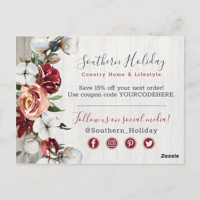 Thank You Rustic Wood & Southern Country Cotton Postcard (Back)