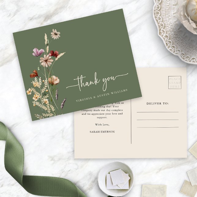 Thank You Sage Floral Postcard (Thank You Sage Green Floral Postcard by Painted Paperie
)