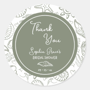 Thank You Sage Green Seashells Doodles Classic Round Sticker