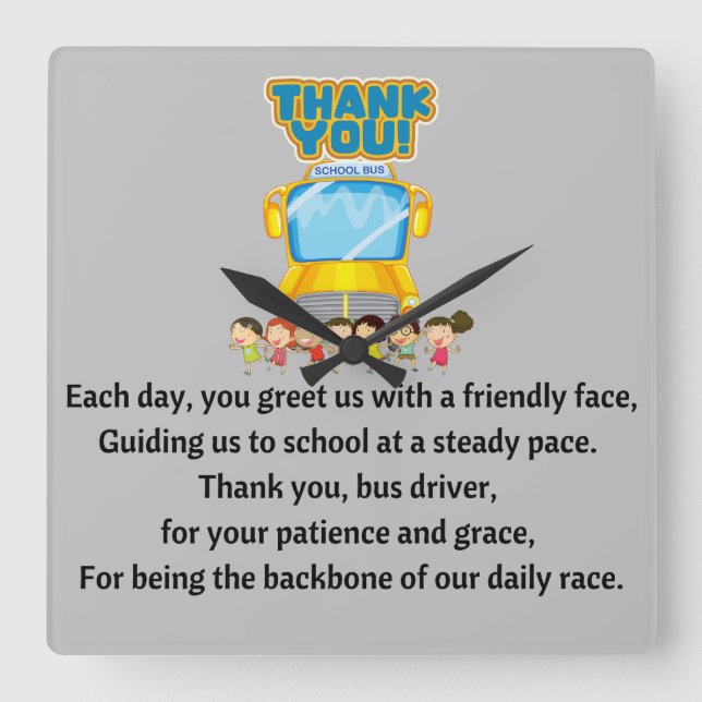 Thank You, School Bus Driver.  Square Wall Clock (Front)