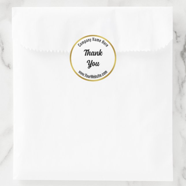 Thank You Script Black White Gold Business Name Classic Round Sticker (Bag)