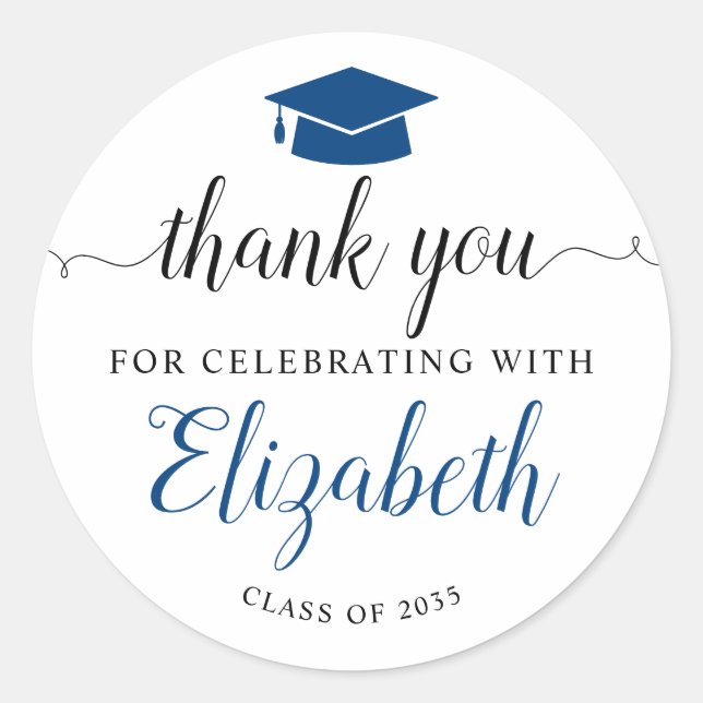 Thank You Script Blue Grad Graduation Party Favour Classic Round Sticker (Front)