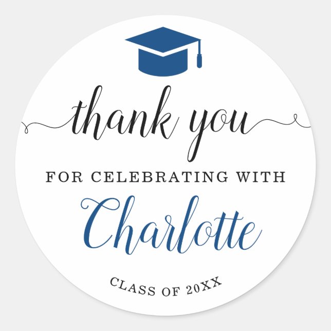 Thank You Script Blue Grad Graduation Party Favour Classic Round Sticker (Front)