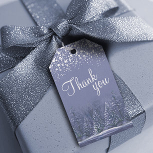 Thank you script blue pine trees art gift tags
