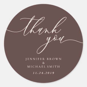 Thank you script Chocolate Brown names date Classic Round Sticker
