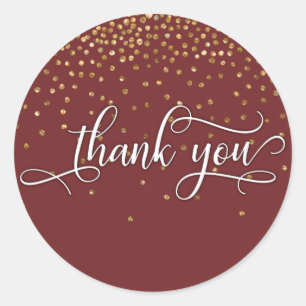 Thank You Script, Gold Confetti on Burgundy Classic Round Sticker