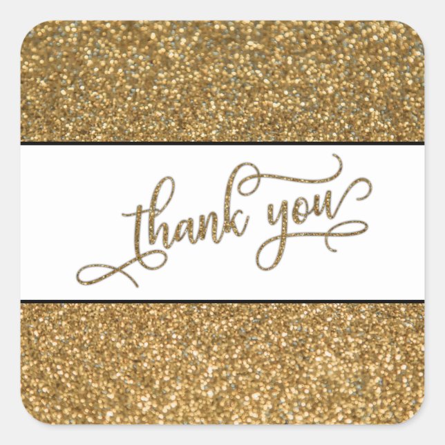 Thank You Script, Gold Glitter w/ White Band Square Sticker (Front)