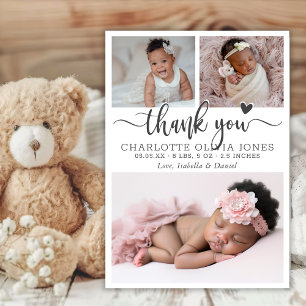 Thank You Script Heart Baby Girl Photo Birth  Announcement