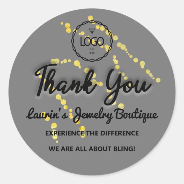 Thank You Script Name Custom Logo GOLD GRAY Classic Round Sticker (Front)