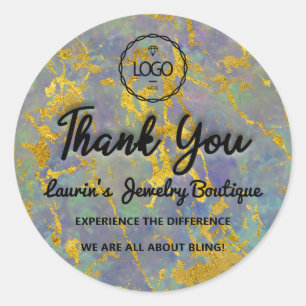 Thank You Script Name Custom Logo Gold Green Classic Round Sticker