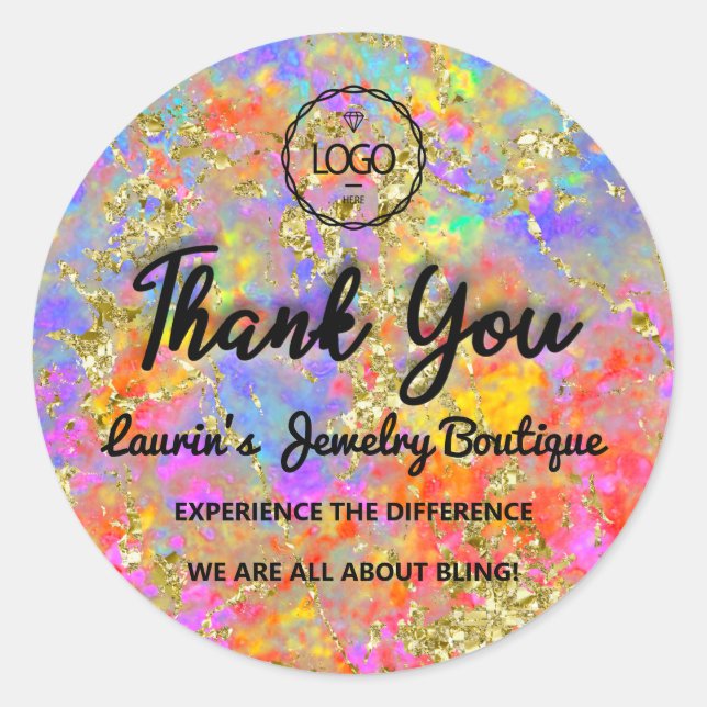Thank You Script Name Custom Logo Holograph Golden Classic Round Sticker (Front)