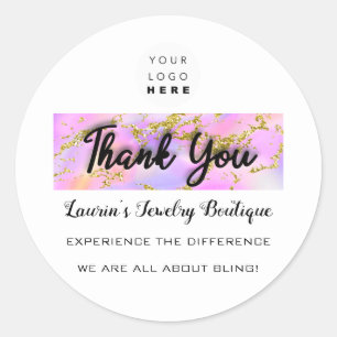 Thank You Script Name Custom Logo Holograph White Classic Round Sticker