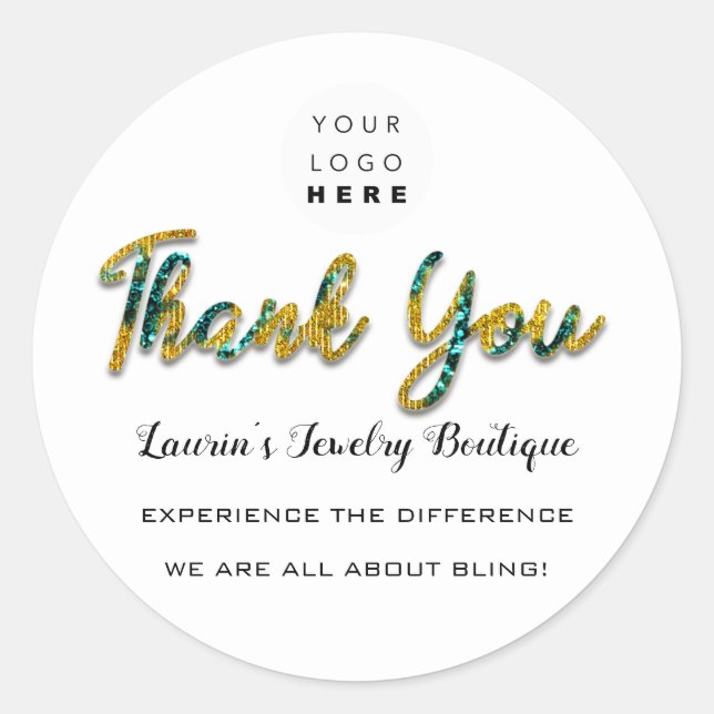 Thank You Script Name Shop Web Logo Teal Gold  Classic Round Sticker (Front)